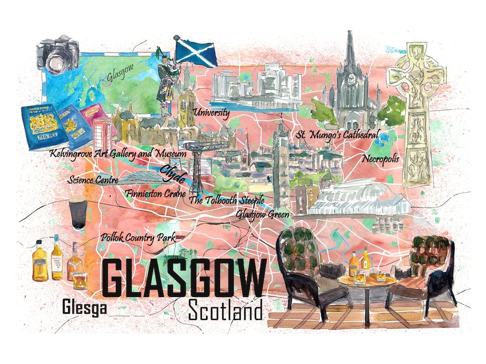 Glasgow Scotland Illustrated Travel Map With Roads And Highlights