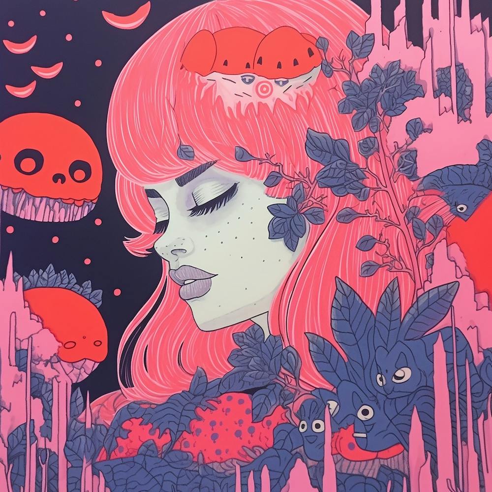 Ethereal Girl Surreal Risograph Illustration, Bubblegum Colours 2, Halloween Forest