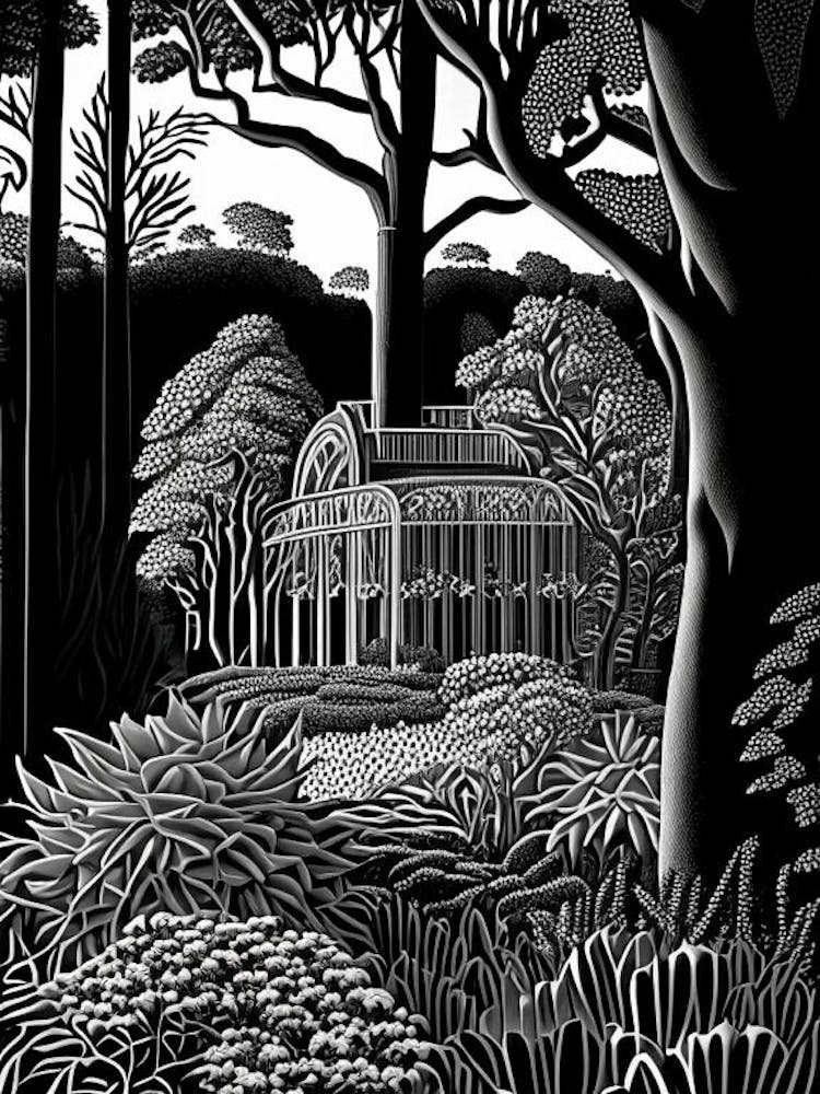Kew Gardens, United Kingdom Linocut Black And White Vintage