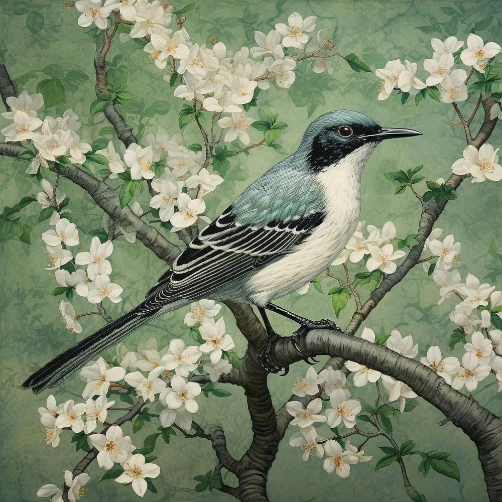 Ohara Koson Inspired Bird Painting Mockingbird 4 Square