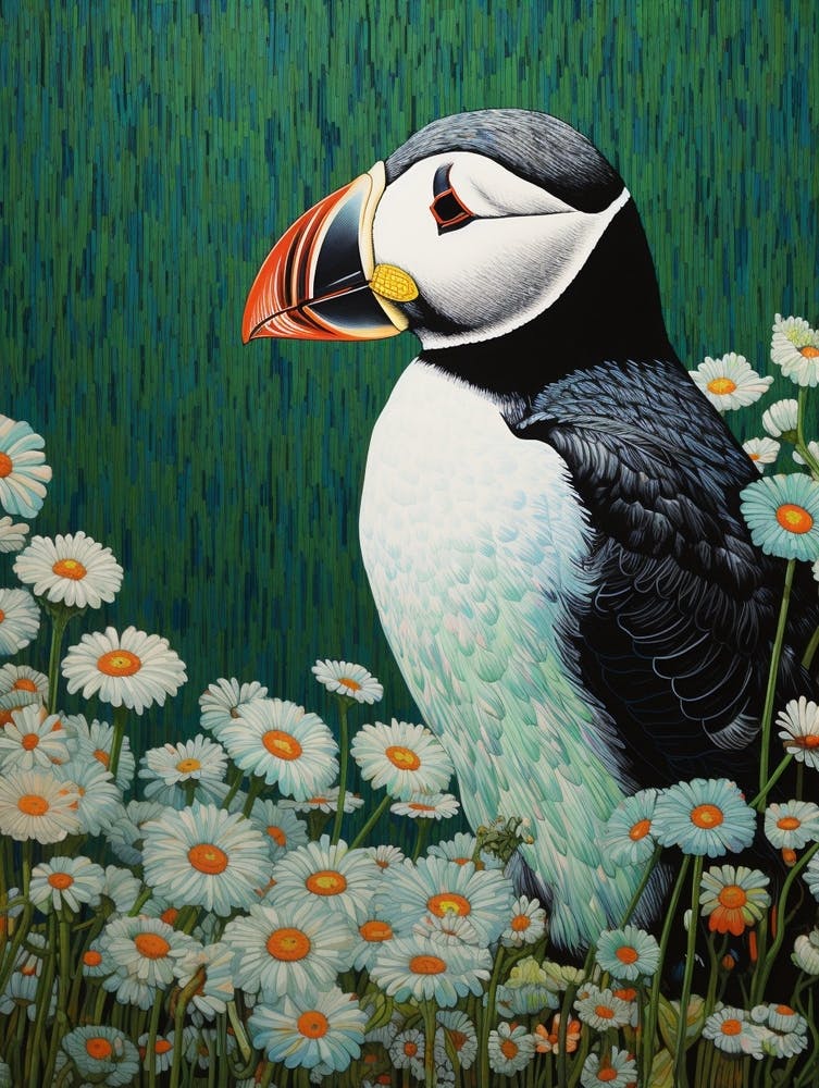 Ohara Koson Inspired Bird Painting Puffin 3