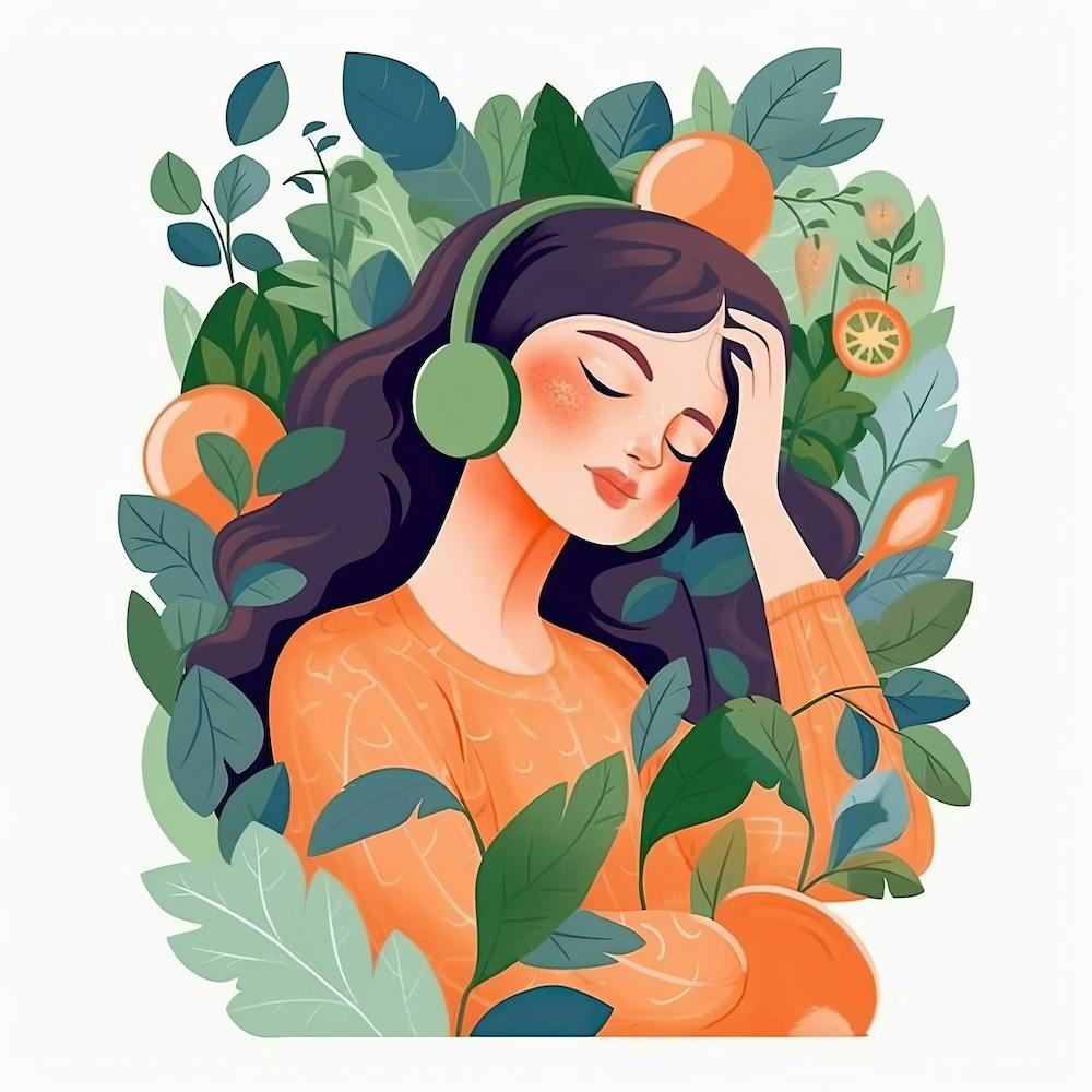 Fille avec des écouteurs corps en fleurs