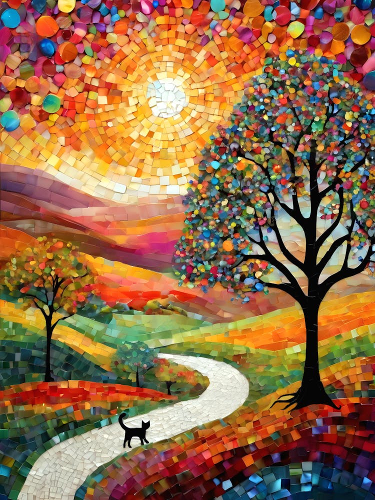 The Road Home - Meow Meow - Beautiful Rainbow Mosiac of Whimsical Black Cat Watching the Sun Set on the Path Home Whimsy Kitty Art for Cat Lover, Cat Lady, Chakra Pride Pagan Witch Colorful Swirling Trees HD