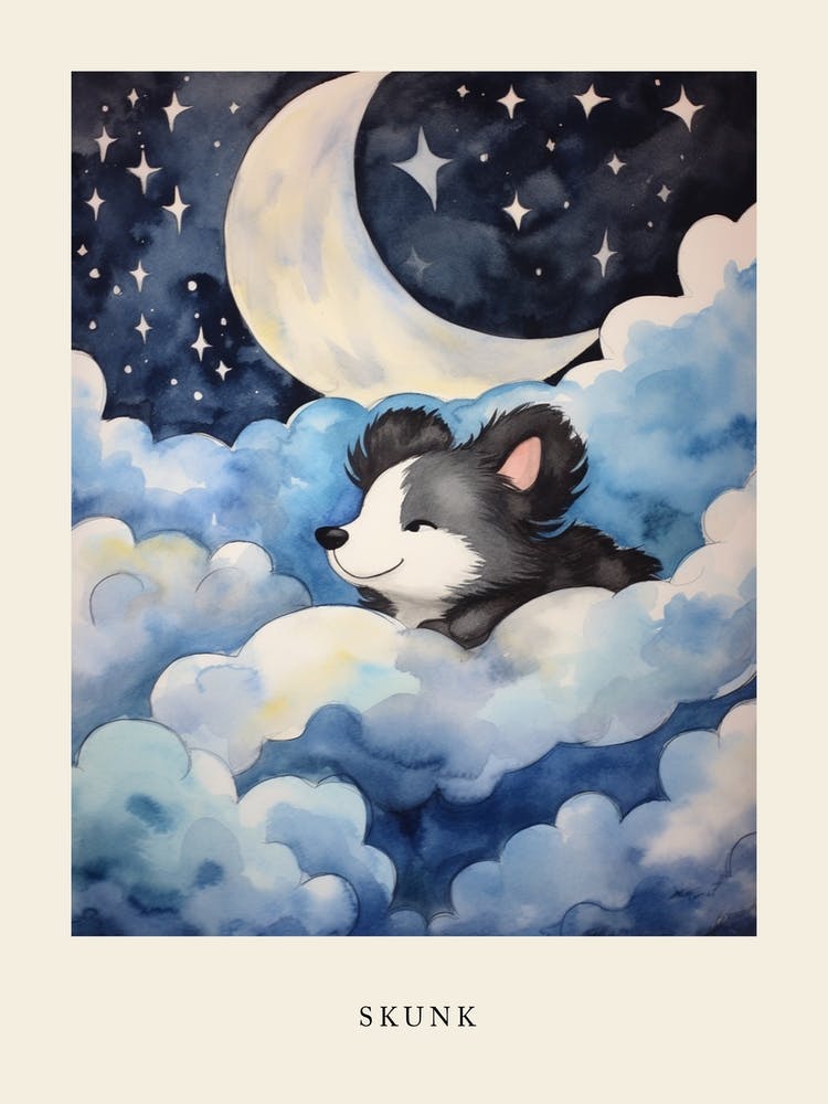 Baby Skunk Sleeping In The Clouds Nursery Poster