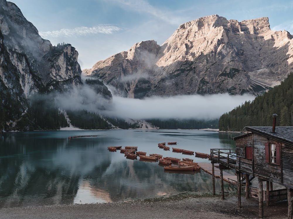 Canoes On Mountain Lake