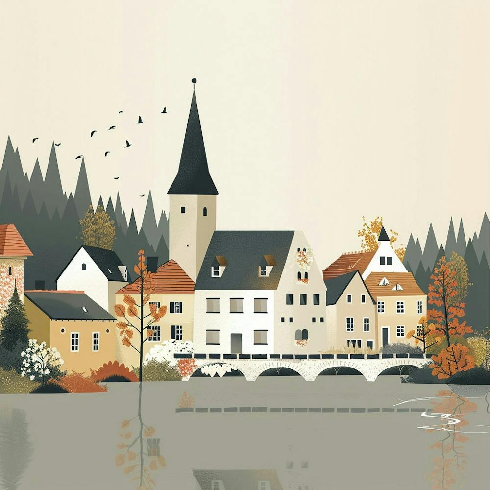 Autumn Village By The Lake