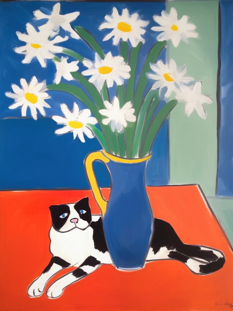 A Painting Of A Still Life Of A Daisies With A Cat In The Style Of Matisse 2