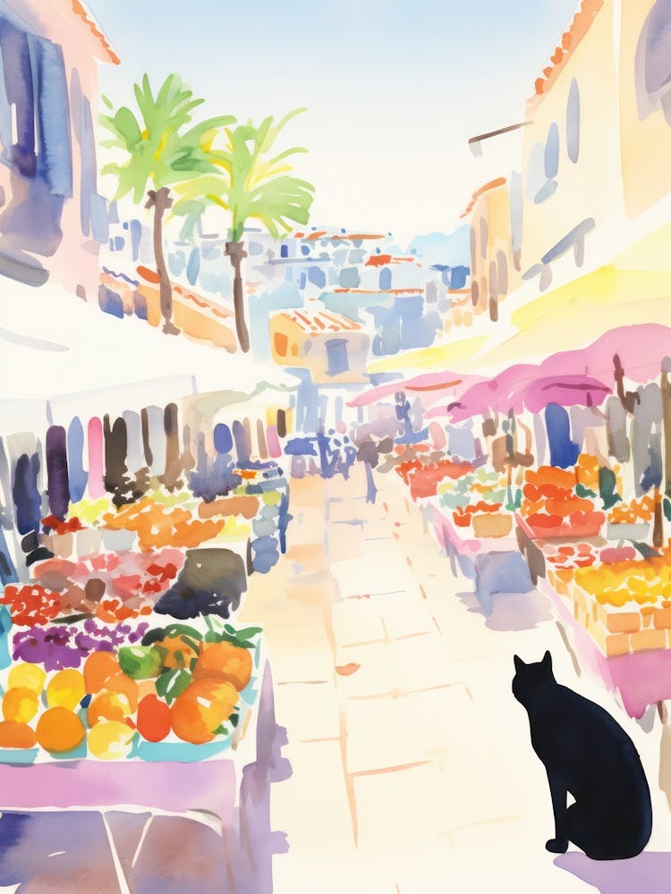 Food Market With Cats In Malibu 1 Watercolour
