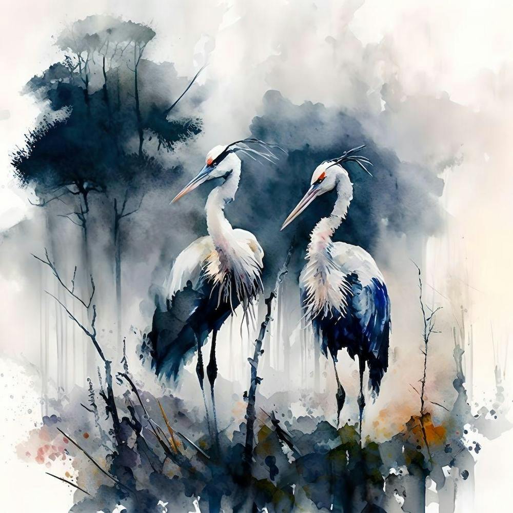 Pair Of Storks Watercolour & Ink Painting