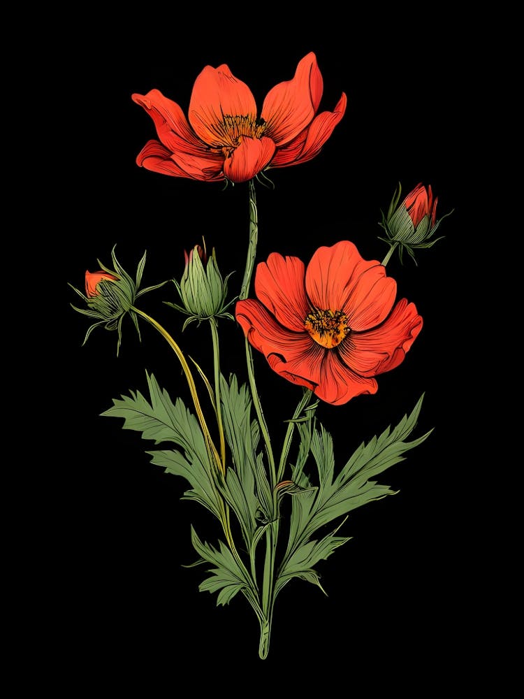 Red Poppies On Black Background