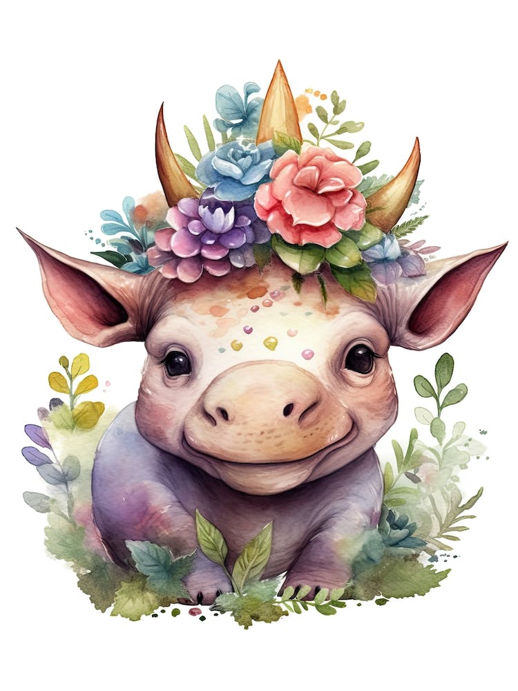 Triceratops With A Crown Of Flowers Cute Dinosaur Watercolour 1