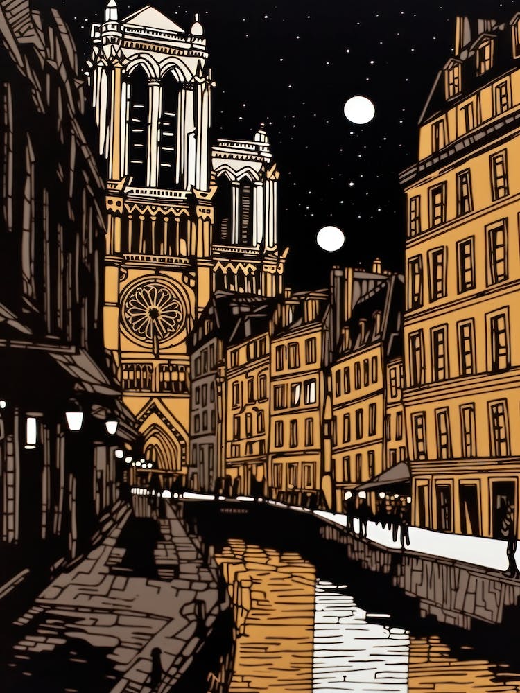 Paris France Linocut Illustration Style 3