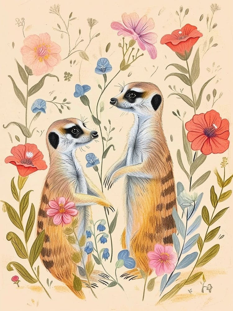 Folksy Floral Animal Drawing Meerkat 2