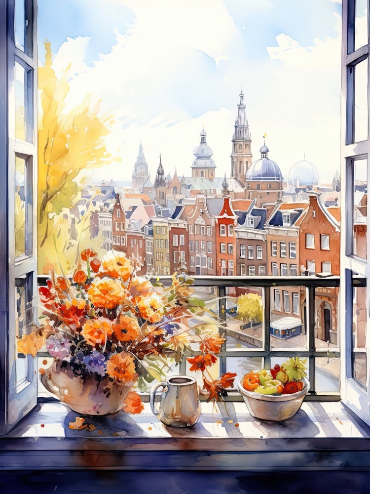 Window View Of Amsterdam Netherlands In Autumn Fall, Watercolour 1