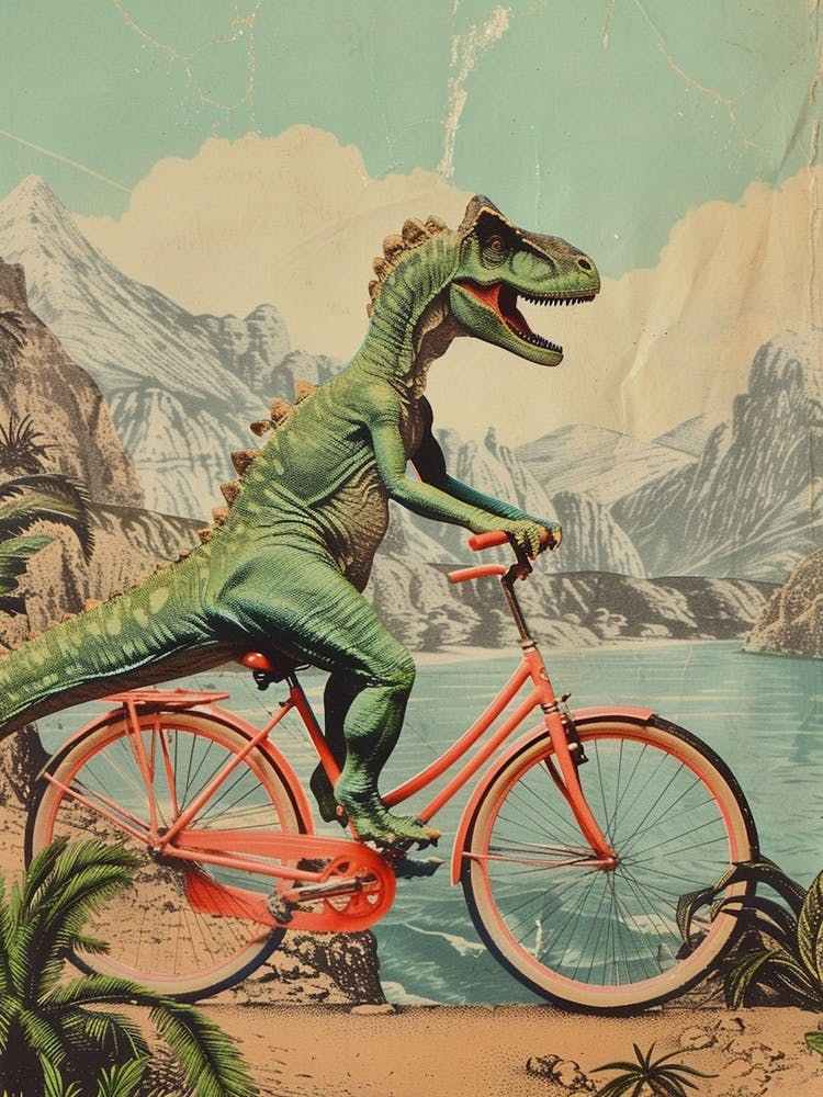 Dinosaur Riding A Bike Retro Collage