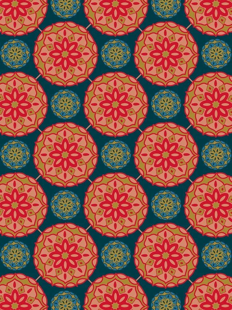 MOSAIQUE Bohemian Floral Mandala Tiles in Exotic Red Green Blush Sand Blue on Dark Teal