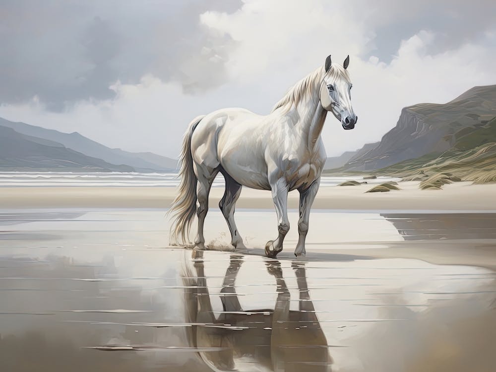A Horse Oil Painting In Rhossili Bay Wales, Uk, Landscape 1