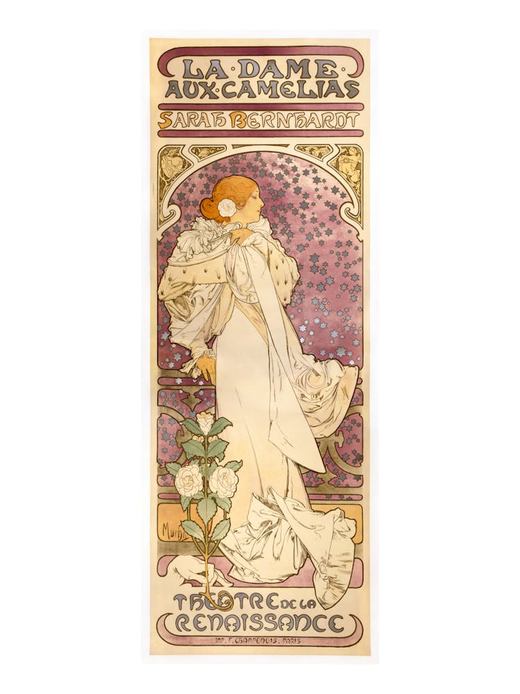 "La Dame aux Camélias" - Alphonse Mucha (1896) in HD | Art Nouveau Sarah Bernhardt ~ This is the original, untouched vintage edition of Alphonse Mucha's La Dame aux Camélias (1896), featuring Sarah Bernhardt in a stunning Art Nouveau design