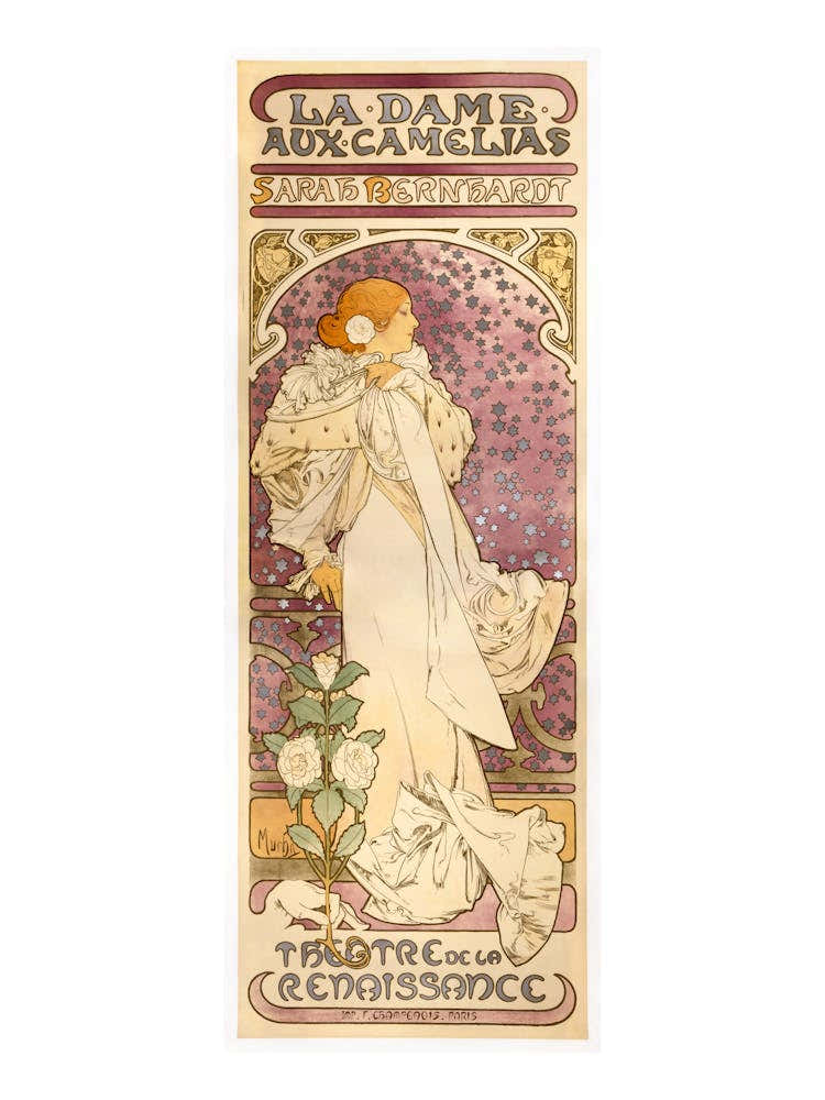 "La Dame aux Camélias" - Alphonse Mucha (1896) in HD | Art Nouveau Sarah Bernhardt ~ This is the original, untouched vintage edition of Alphonse Mucha's La Dame aux Camélias (1896), featuring Sarah Bernhardt in a stunning Art Nouveau design