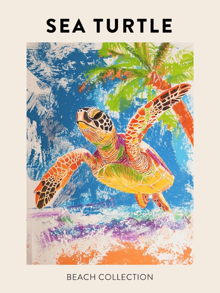 Sea Turtle Palm Tree Scribble Poster 1