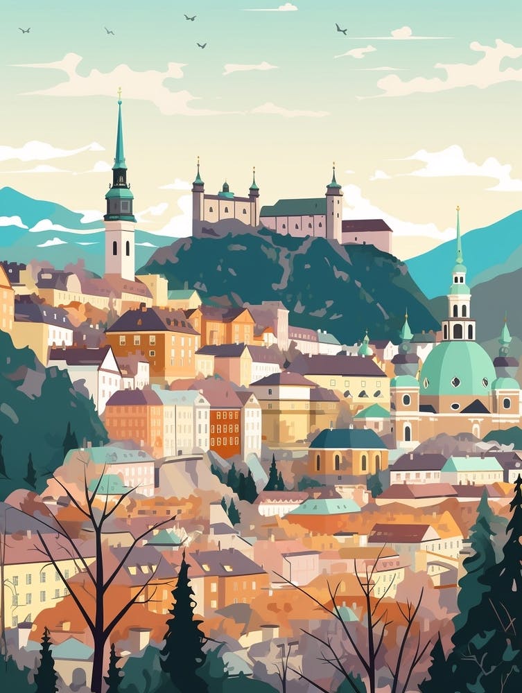 Vintage Winter Travel Illustration Salzburg Austria 1