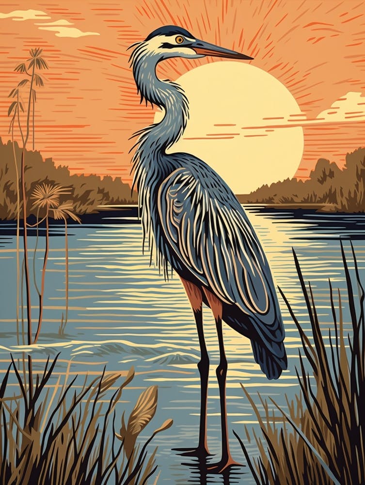 Vintage Bird Linocut Great Blue Heron 6