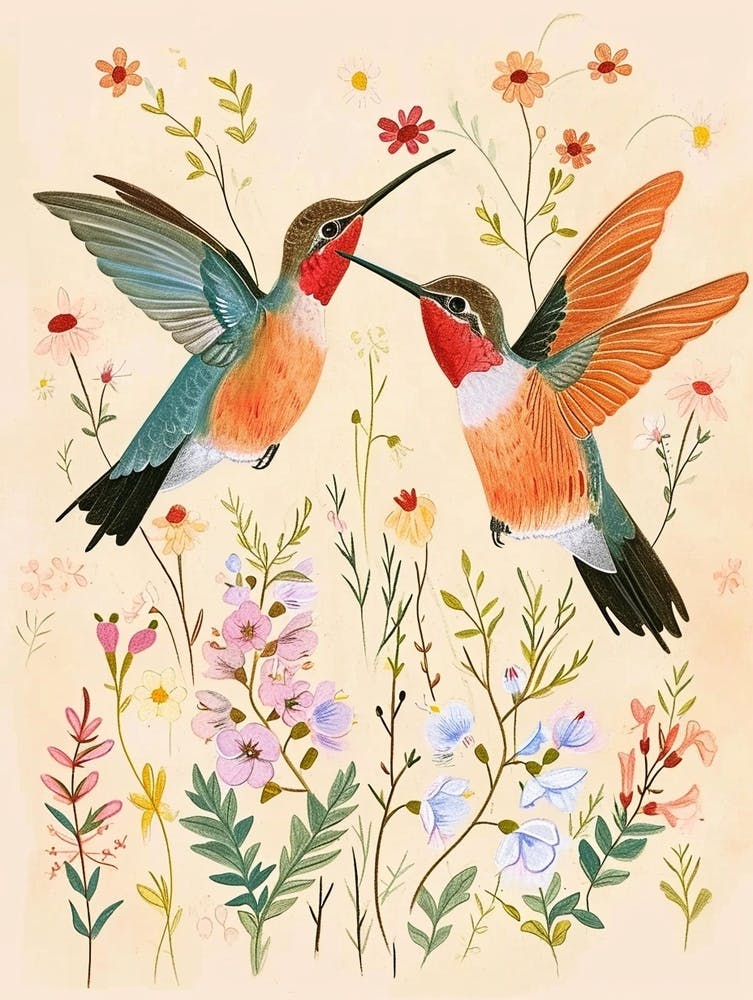 Folksy Floral Animal Drawing Humingbird 3