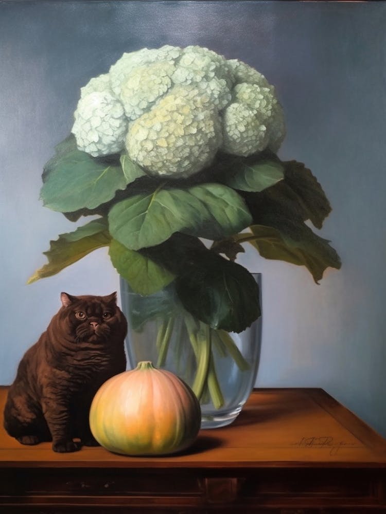 Painting Of A Still Life Of A Hydrangea With A Cat, Realism 1