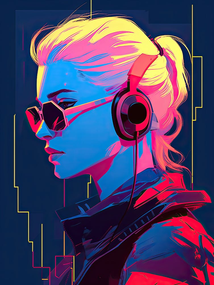 Girl With Headphones, cyberpunk style