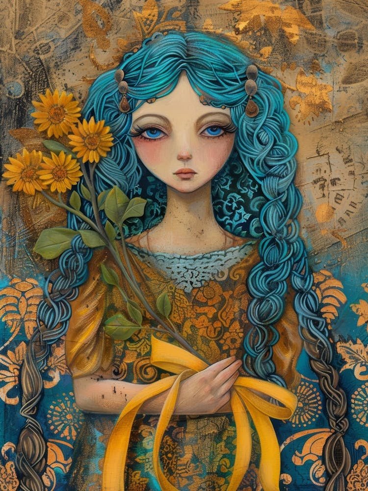 Blue Girl With Sunflowers