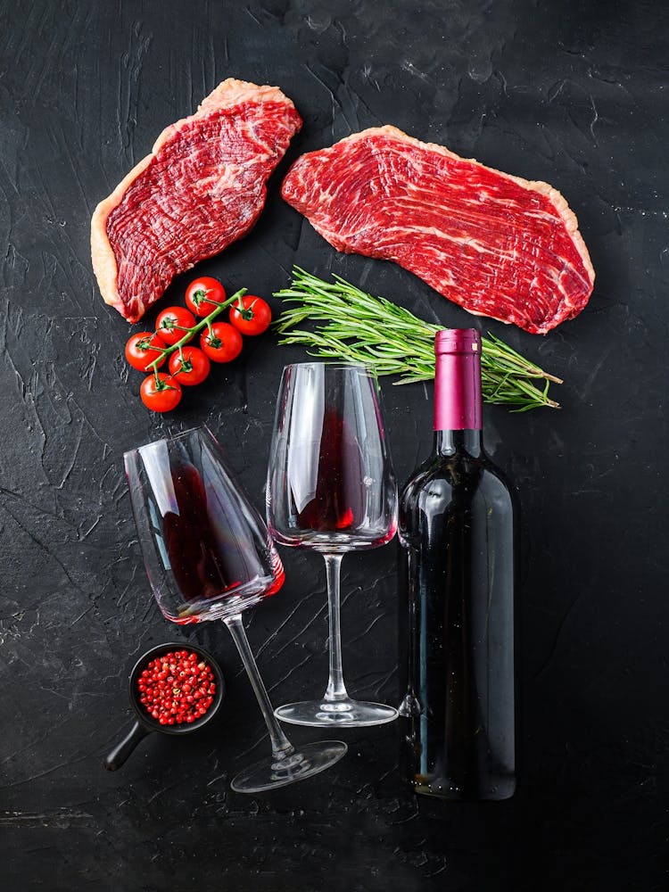 Wine and meat — Food kitchen poster/blackboard, photo art