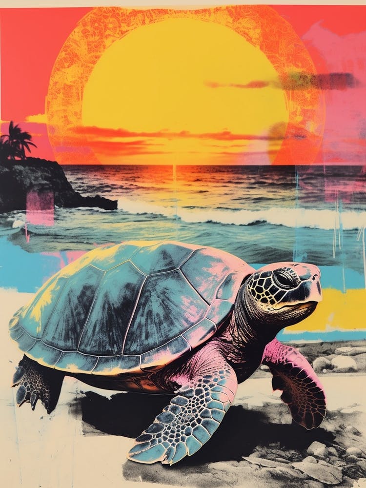 Tortue de Mer sur la Plage Inspirée Risographie 4