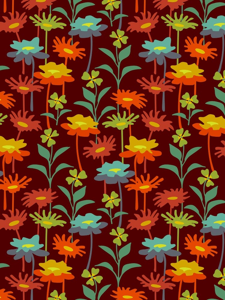 GARDEN MEADOW Floral Botanical Flowers Wildflowers in Warm Sunset Colours on Deep Rust