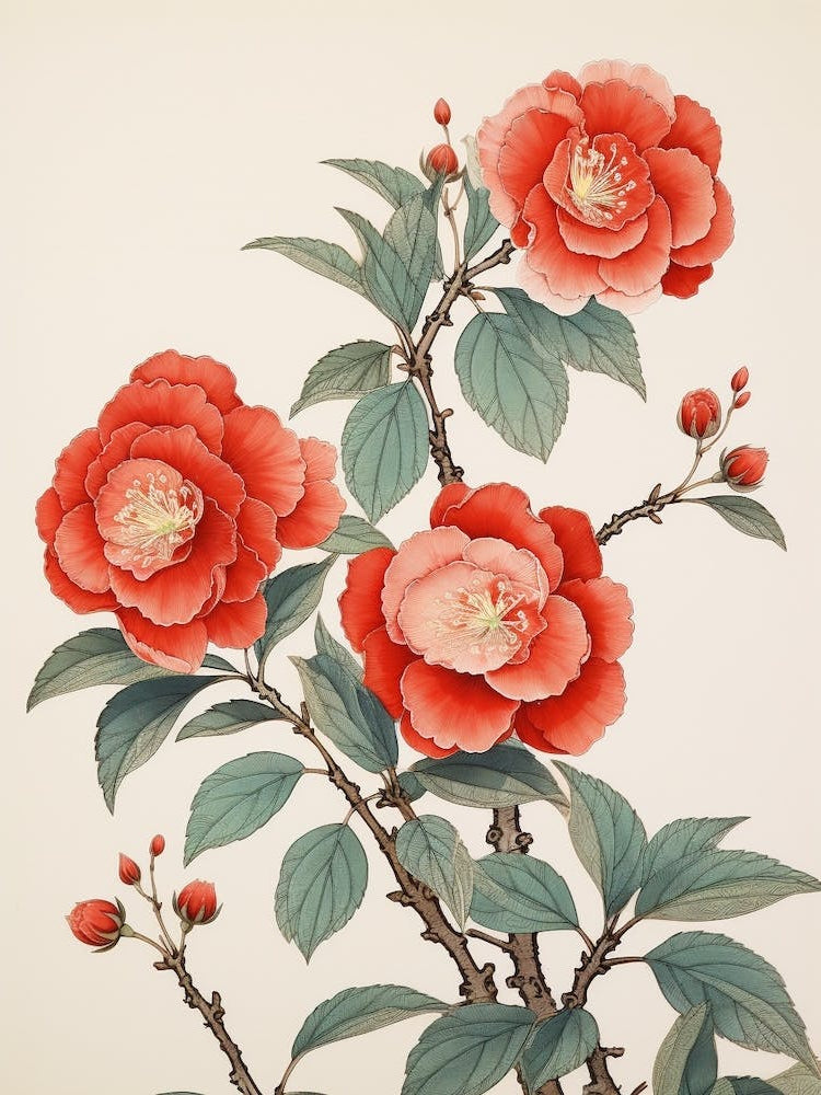Tsubaki Camellia 1 Vintage Japanese Botanical