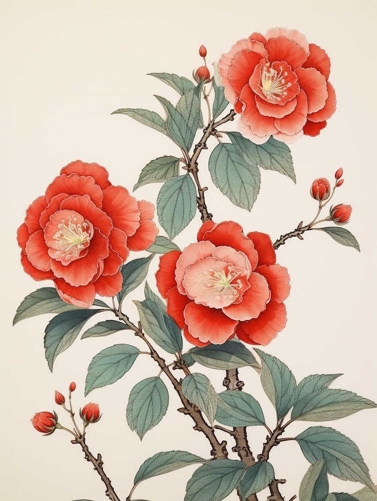 Tsubaki Camellia 1 Vintage Japanese Botanical
