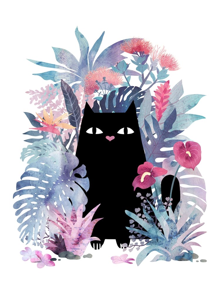 Popoki (Black Cat in Flowers) On White
