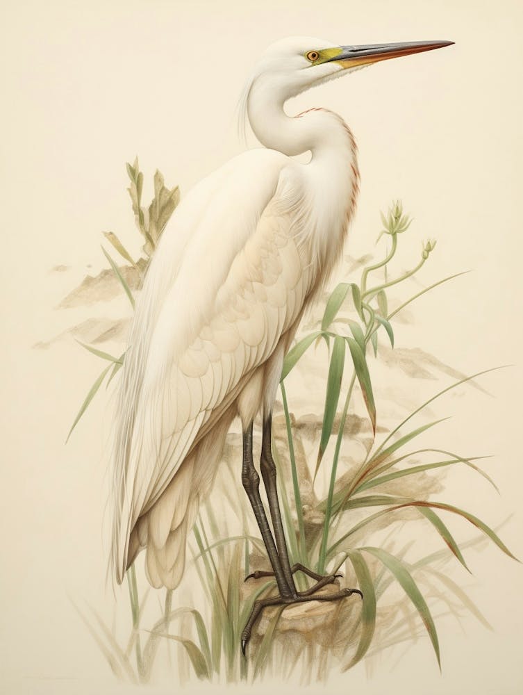 Vintage Bird Drawing Egret 1