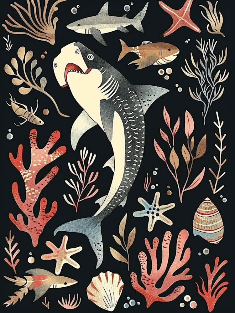 Hammerhead Shark Seascape Black Background Illustration 2