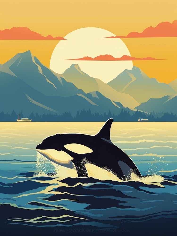 Orca Whale Swimming In Front Of Clouds & Sun