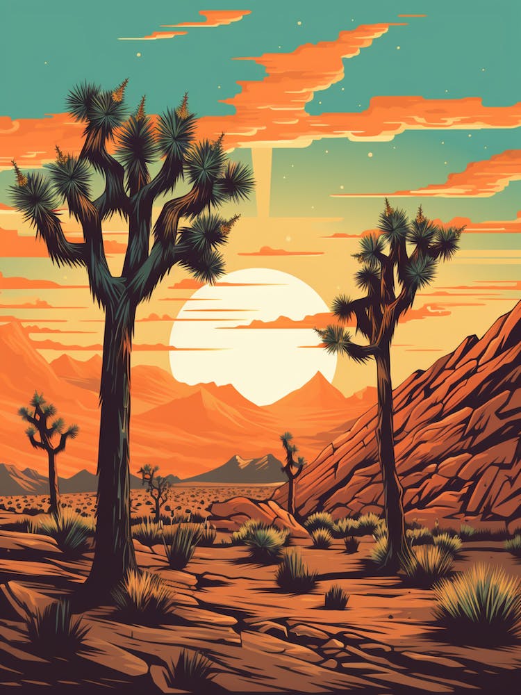 Retro Illustration Of A Joshua Trees At Dawn In Desert 3