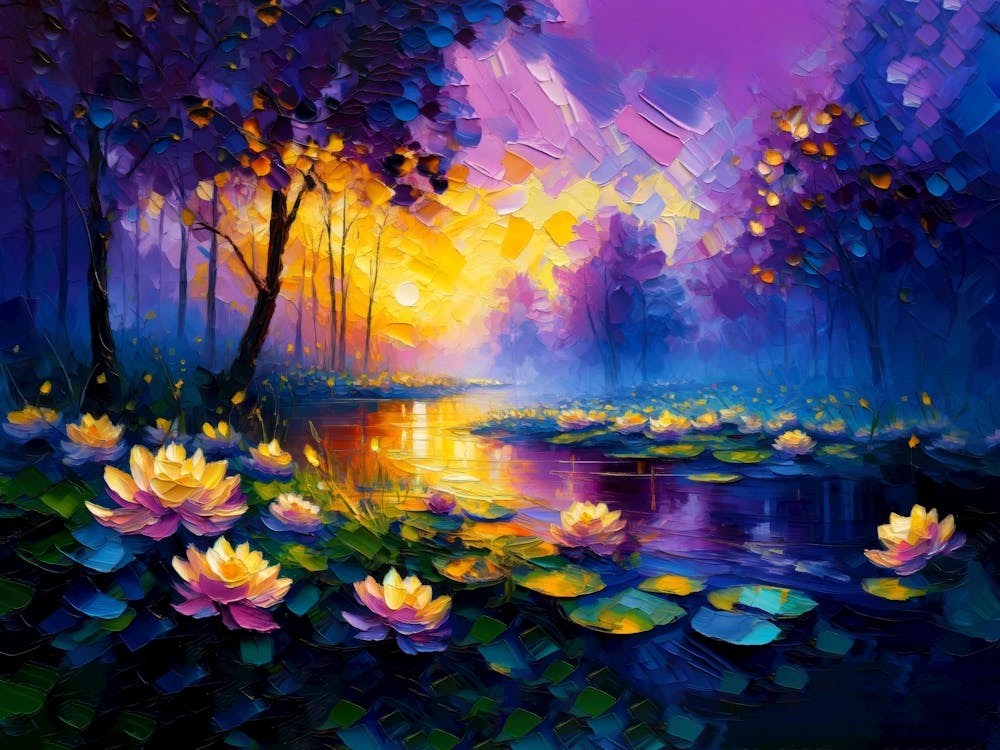 Radiant Lotus Pond on a Rainy Day made with Vivid Oil Colors