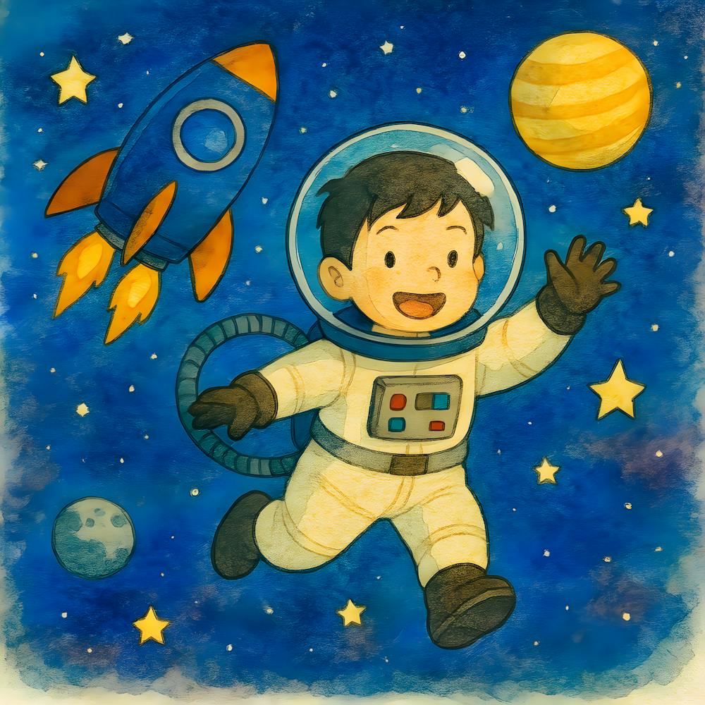 Impression Aventure Spatiale Inspirée de Ghibli – Aquarelle Fantaisiste Garçon Astronaute, Art Fusée Mignonne, Décoration Spatiale pour Chambre d'Enfant