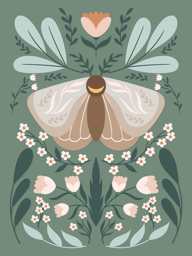 Moth On A Muted Green Background Botanical 2