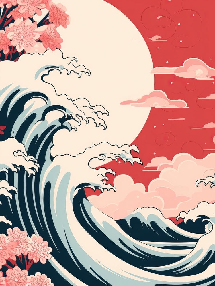 Great Wave With Carnation Flower Drawing In The Style Of Ukiyo E 4