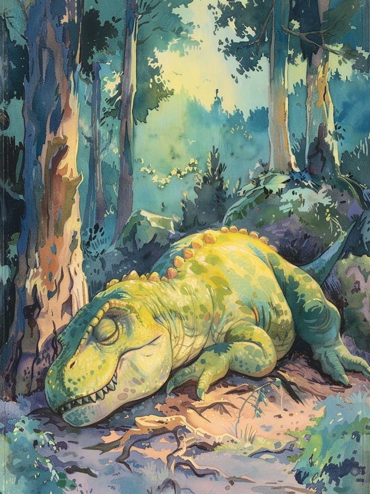 Dinosaur Sleeping Under A Shaded Tree Storybook Painting 2