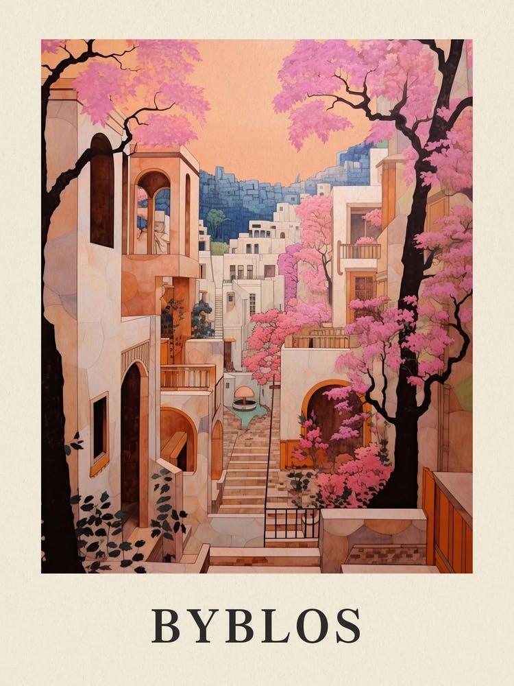 Byblos Lebanon 3 Vintage Pink Travel Illustration Poster