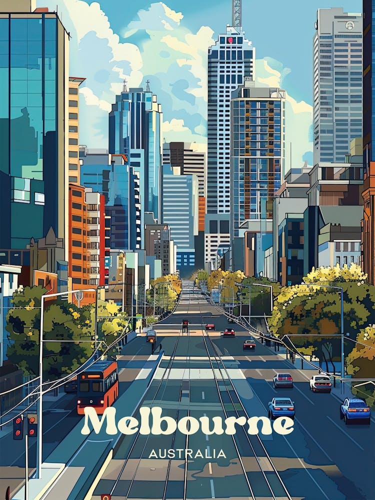 Melbourne Australia Skyline Digital Travel Art