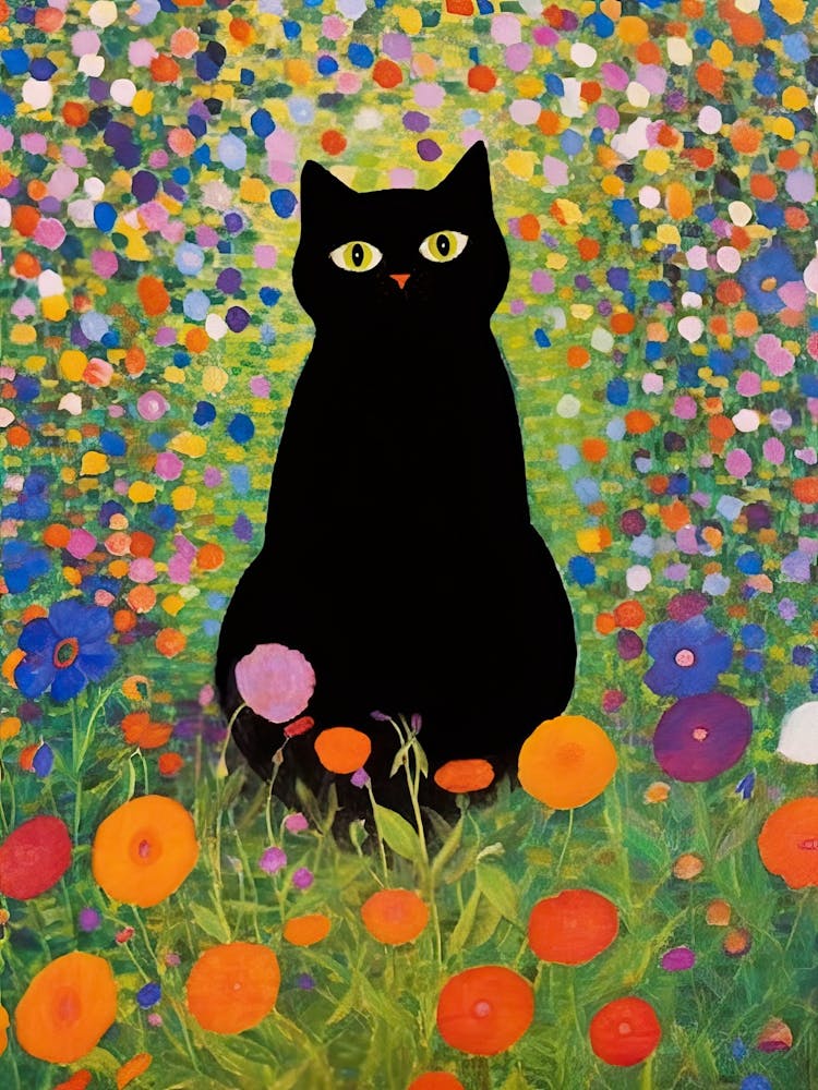 Gustav Klimt Black Cat Sitting In The Garden Botanical