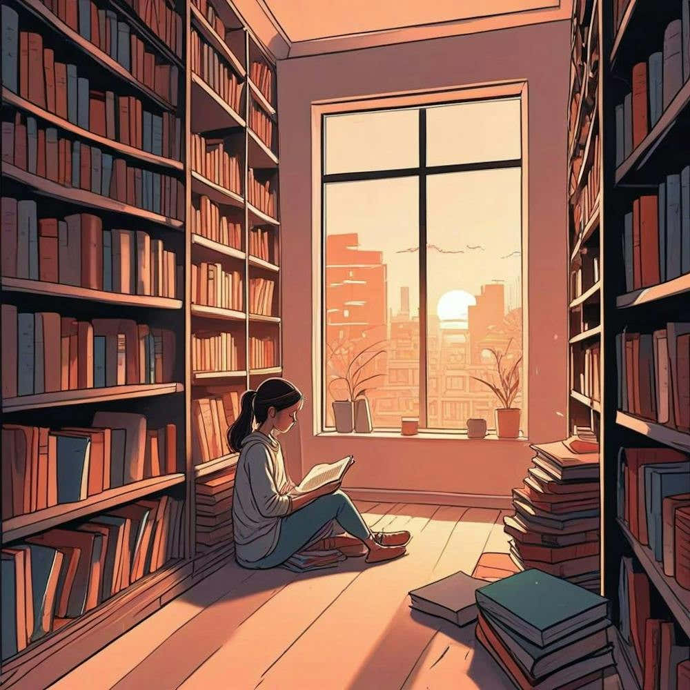 Girl Reading Book In Library Alone (2)