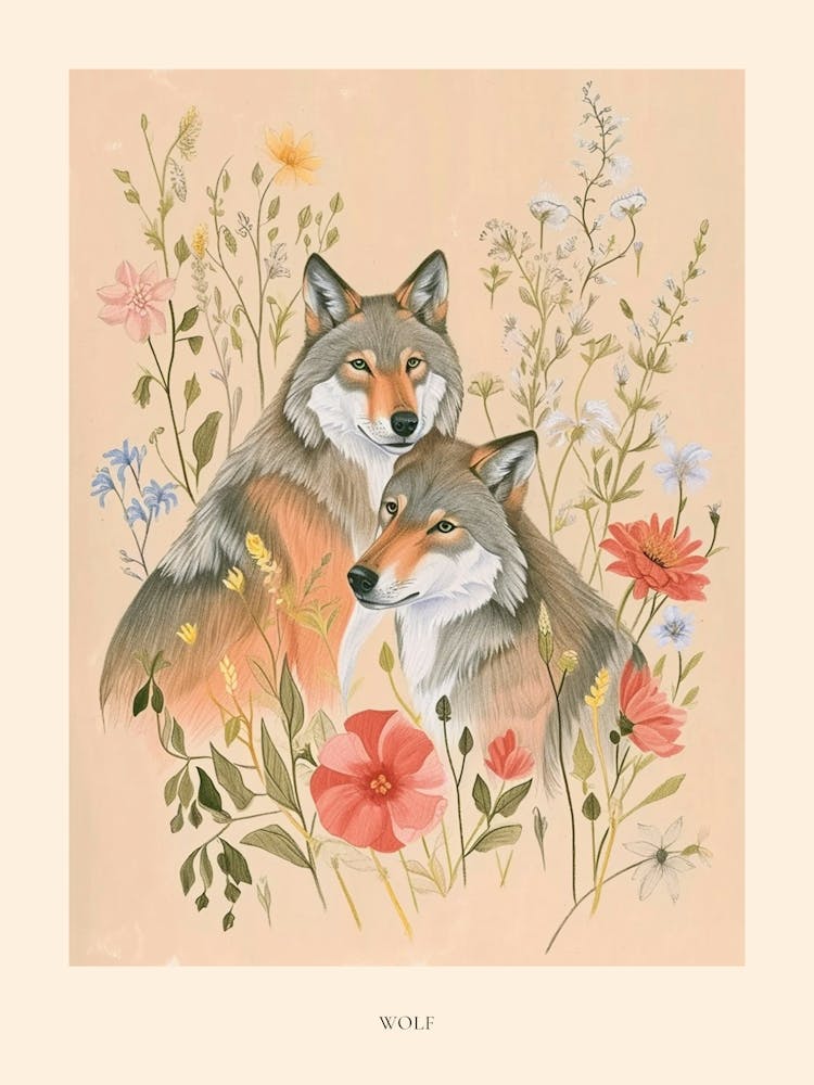 Folksy Floral Animal Drawing Wolf 5 Poster